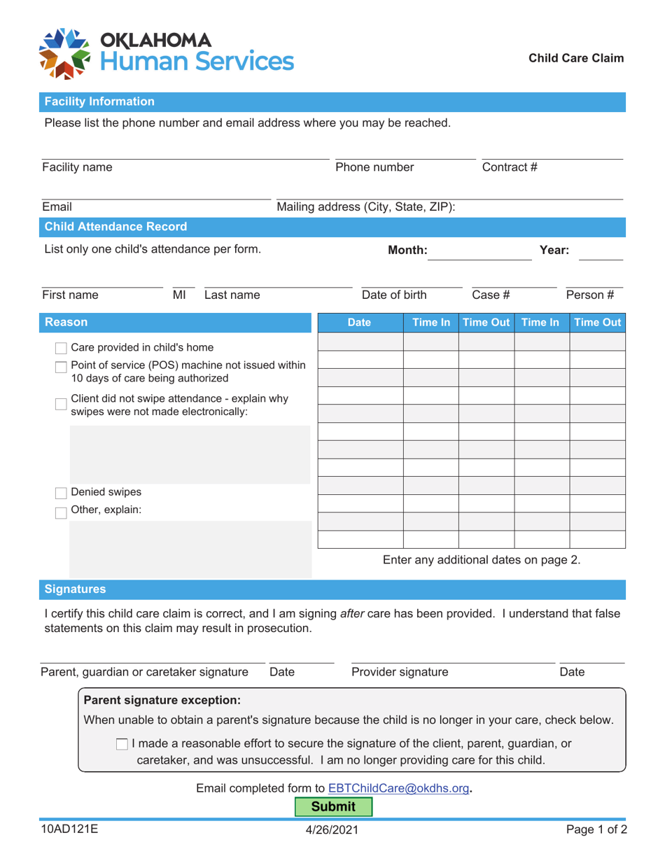 Form 10AD121E (ADM-12-S) Child Care Claim - Oklahoma, Page 1