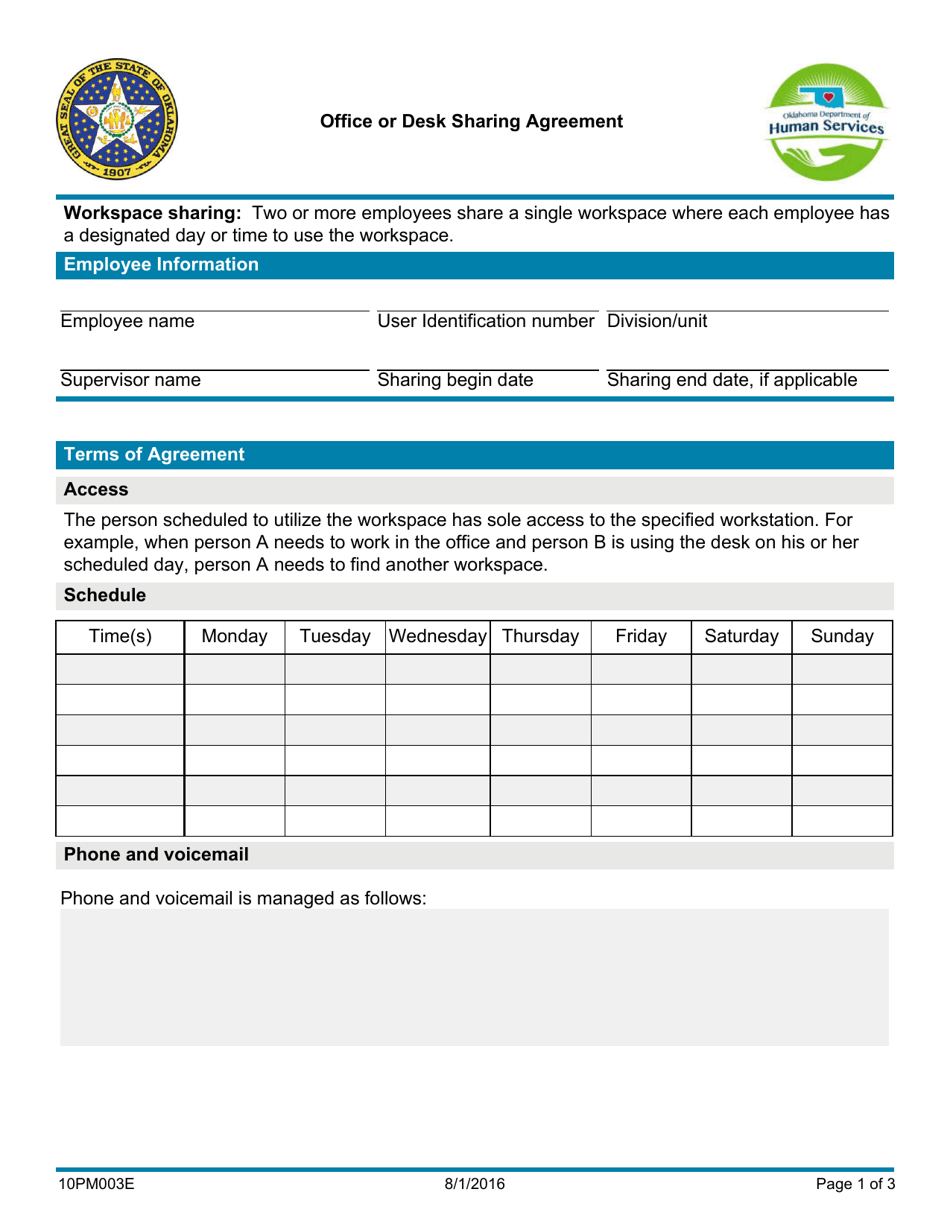 Form 10PM003E Office or Desk Sharing Agreement - Oklahoma, Page 1