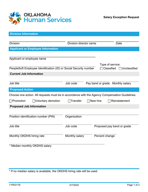 Form 11PE017E Salary Exception Request - Oklahoma