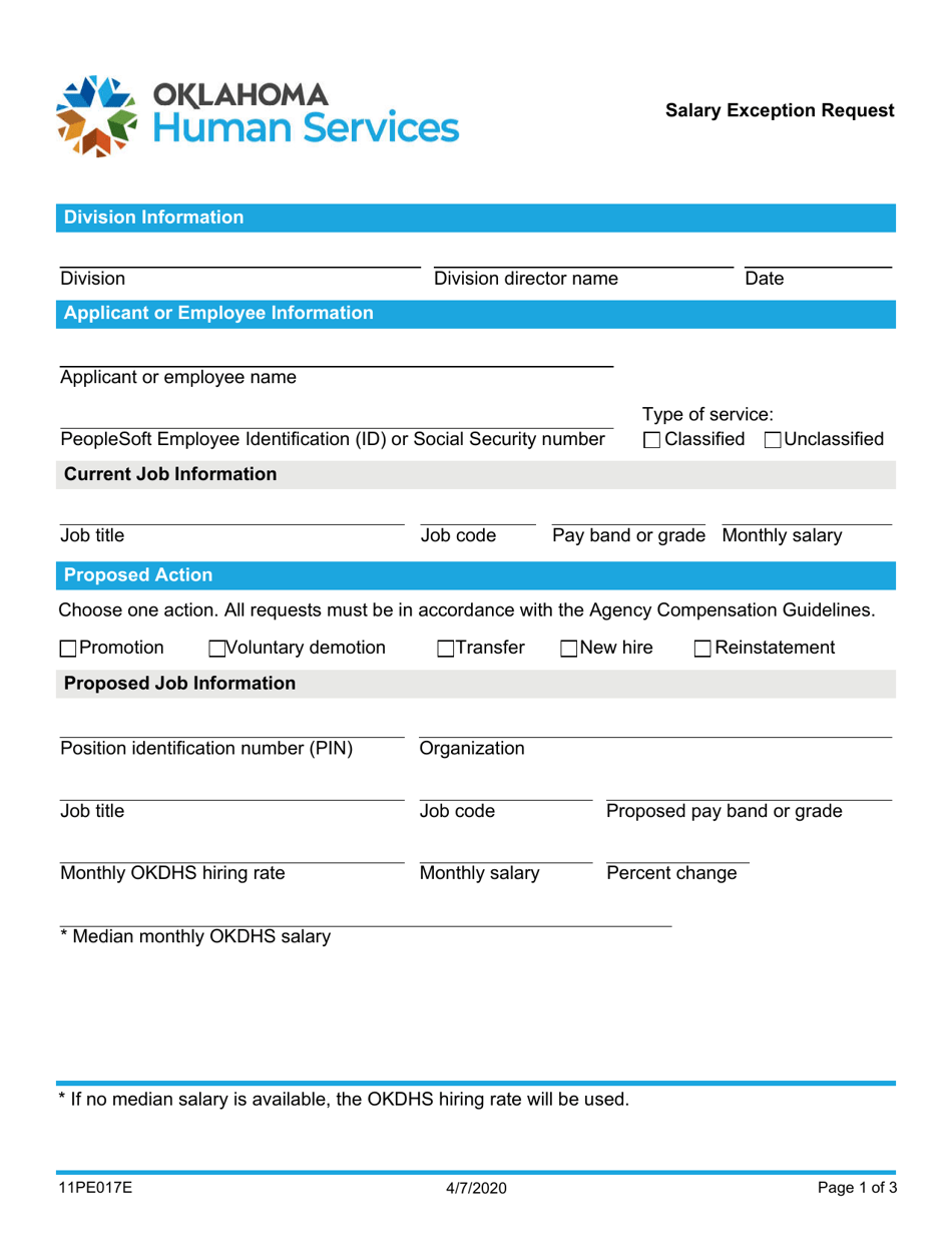 Form 11PE017E Salary Exception Request - Oklahoma, Page 1