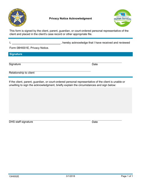Form 13HI002E (08HI002E) Privacy Notice Acknowledgment - Oklahoma