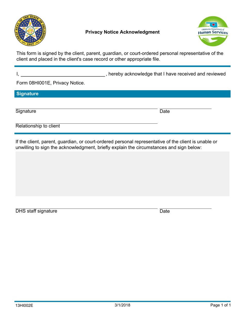 Form 13HI002E (08HI002E) Privacy Notice Acknowledgment - Oklahoma, Page 1