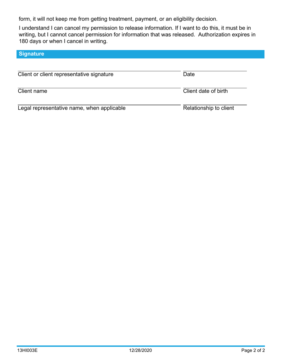 Form 13HI003E (08HI003E; HIPAA-3) Authorization to Disclose Protected Health Information (Phi) - Oklahoma, Page 2