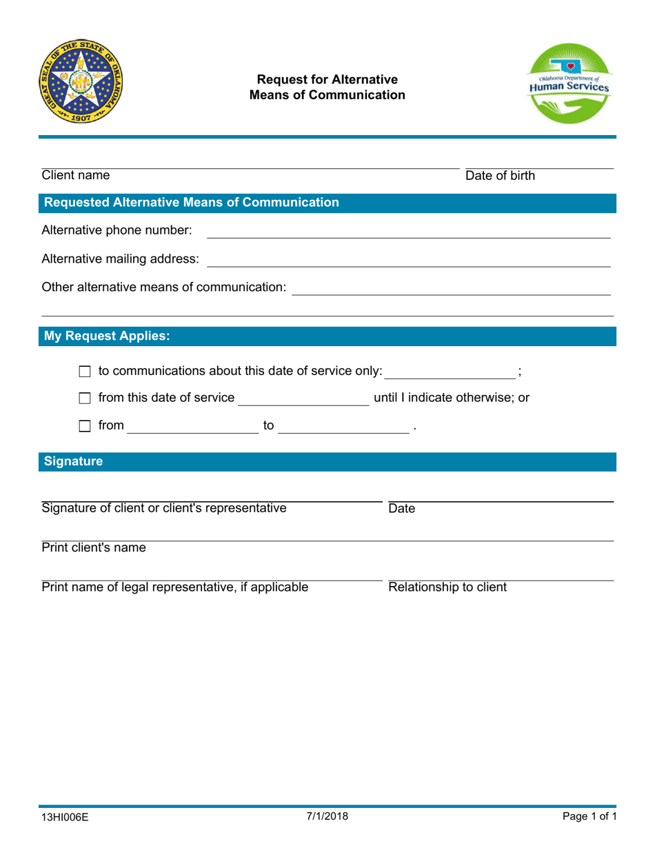 Form 13HI006E (HIPAA-006; 08HI006E) Request for Alternative Means of Communication - Oklahoma, Page 1