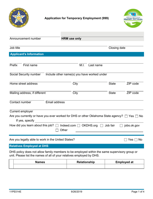 Form 11PE014E Application for Temporary Employment (999) - Oklahoma