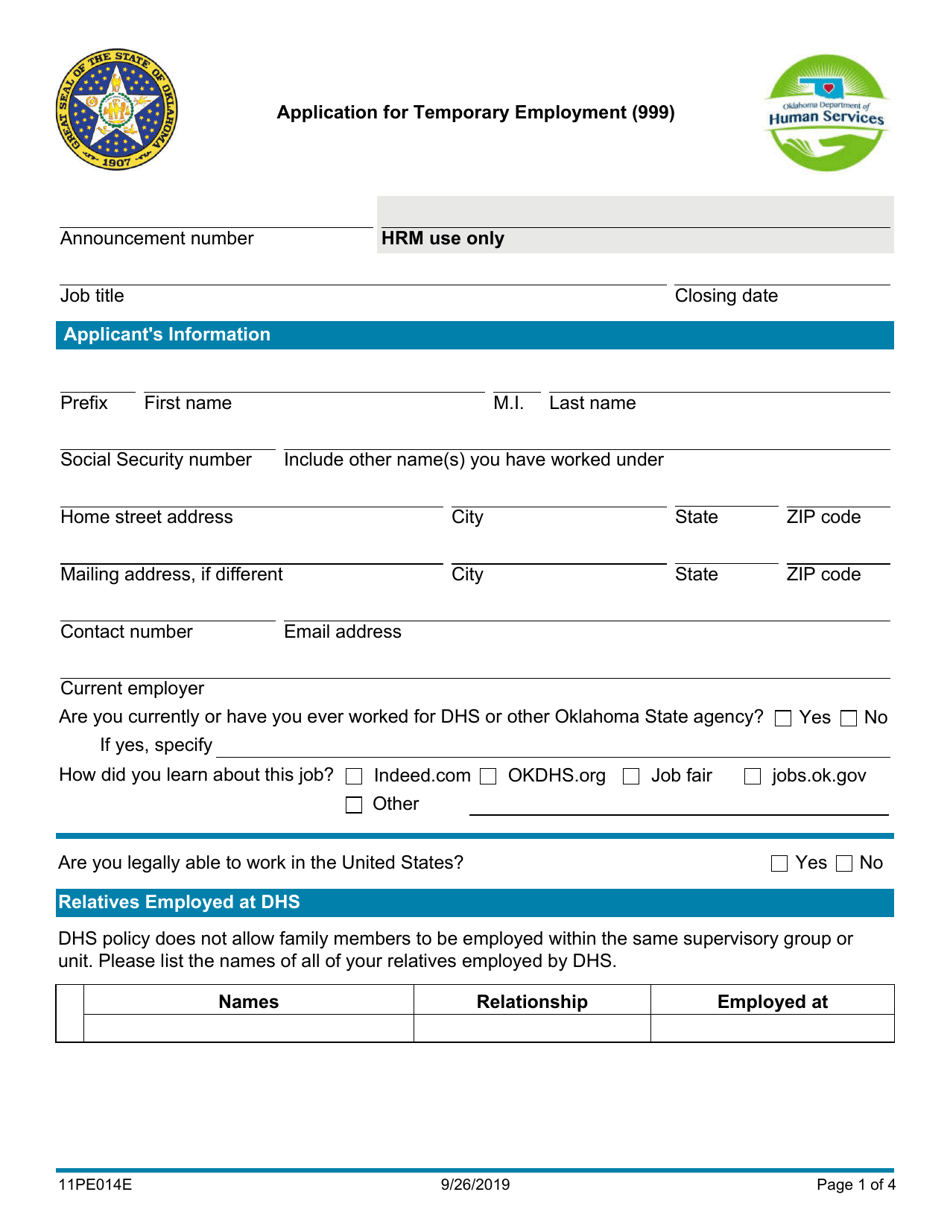 Form 11PE014E Application for Temporary Employment (999) - Oklahoma, Page 1