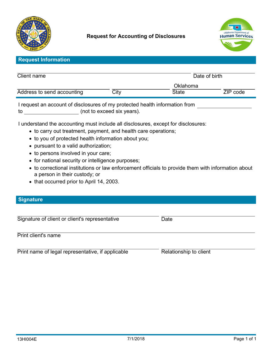 Form 13HI004E (HIPAA-004; 08HI004E) Request for Accounting of Disclosures - Oklahoma, Page 1