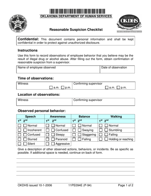 Form 11PE094E (P-94) Reasonable Suspicion Checklist - Oklahoma