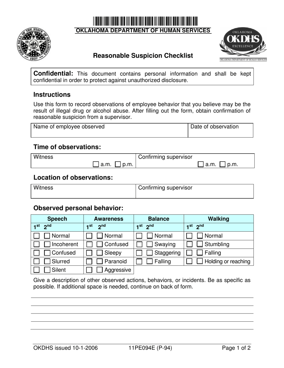 Form 11PE094E (P-94) Reasonable Suspicion Checklist - Oklahoma, Page 1