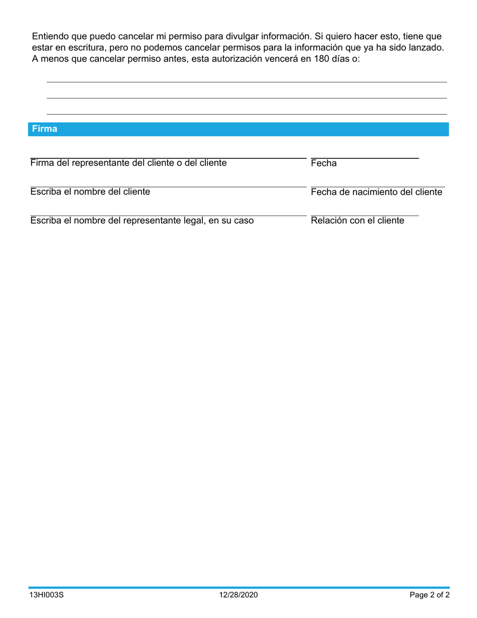 Formulario 13HI003S (08HI003S; HIPAA-3; HIPAA-3-SV) Autorizacion Para Revelar Expedientes Medicos - Oklahoma (Spanish), Page 2