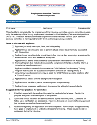 Document preview: Form 11PE107E Employment Interview Checklist - Child Welfare Specialist - Oklahoma