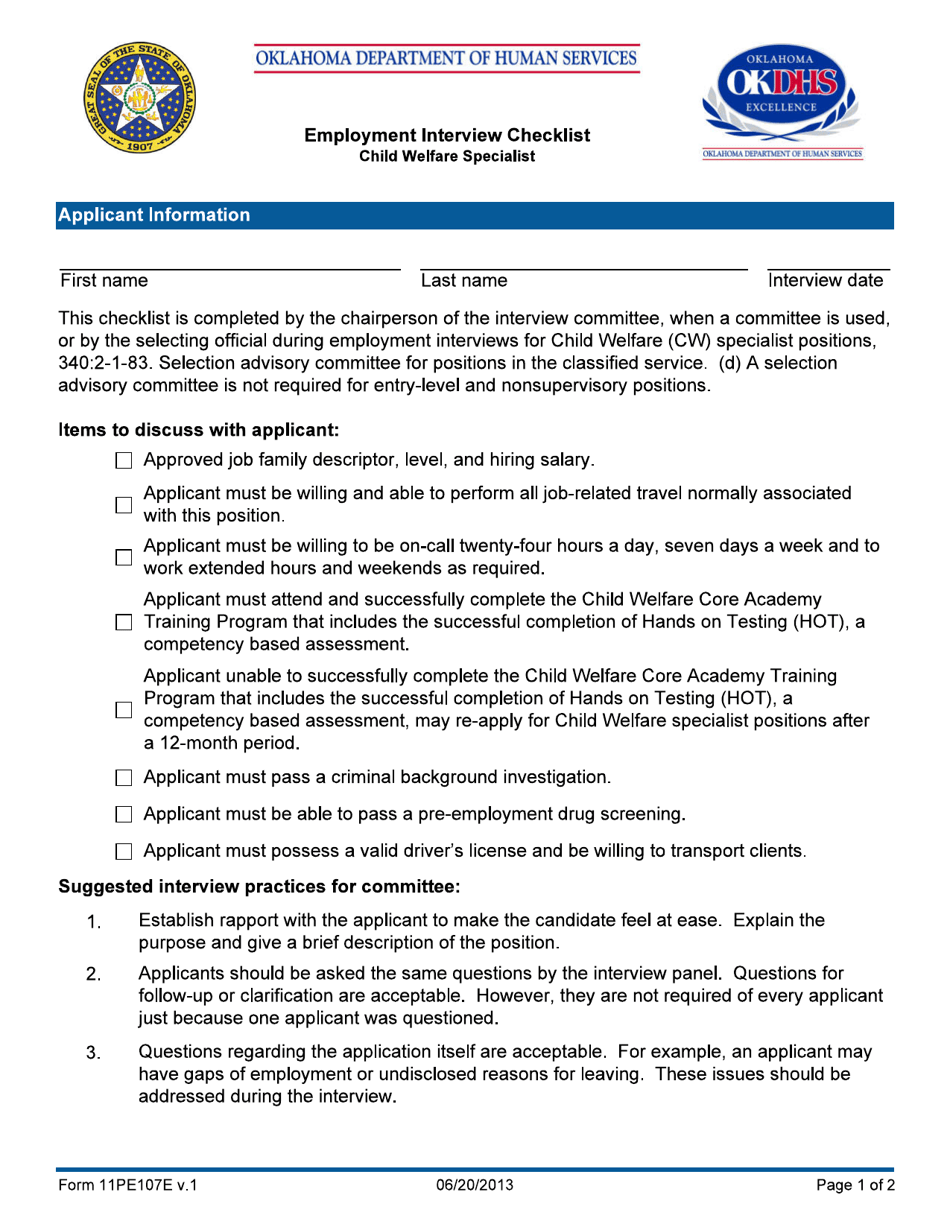 Form 11PE107E Employment Interview Checklist - Child Welfare Specialist - Oklahoma, Page 1
