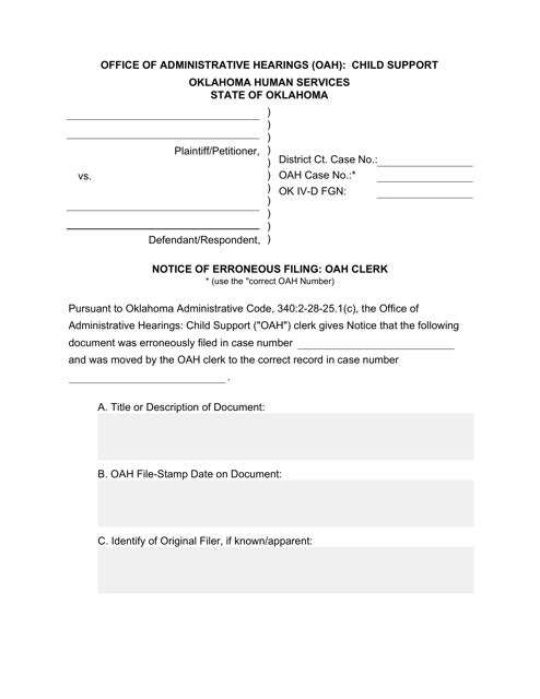 Form 13LE011E Notice of Erroneous Filing - Oah Clerk - Oklahoma