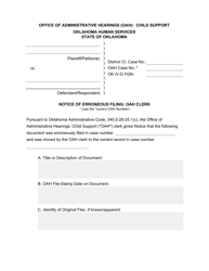 Form 13LE011E Notice of Erroneous Filing - Oah Clerk - Oklahoma
