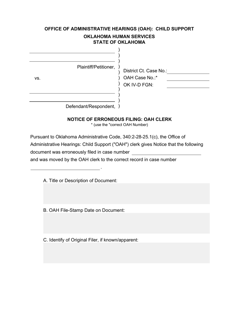 Form 13LE011E Notice of Erroneous Filing - Oah Clerk - Oklahoma, Page 1