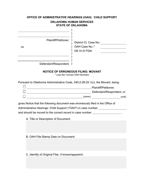 Form 13LE010E Notice of Erroneous Filing - Movant - Oklahoma