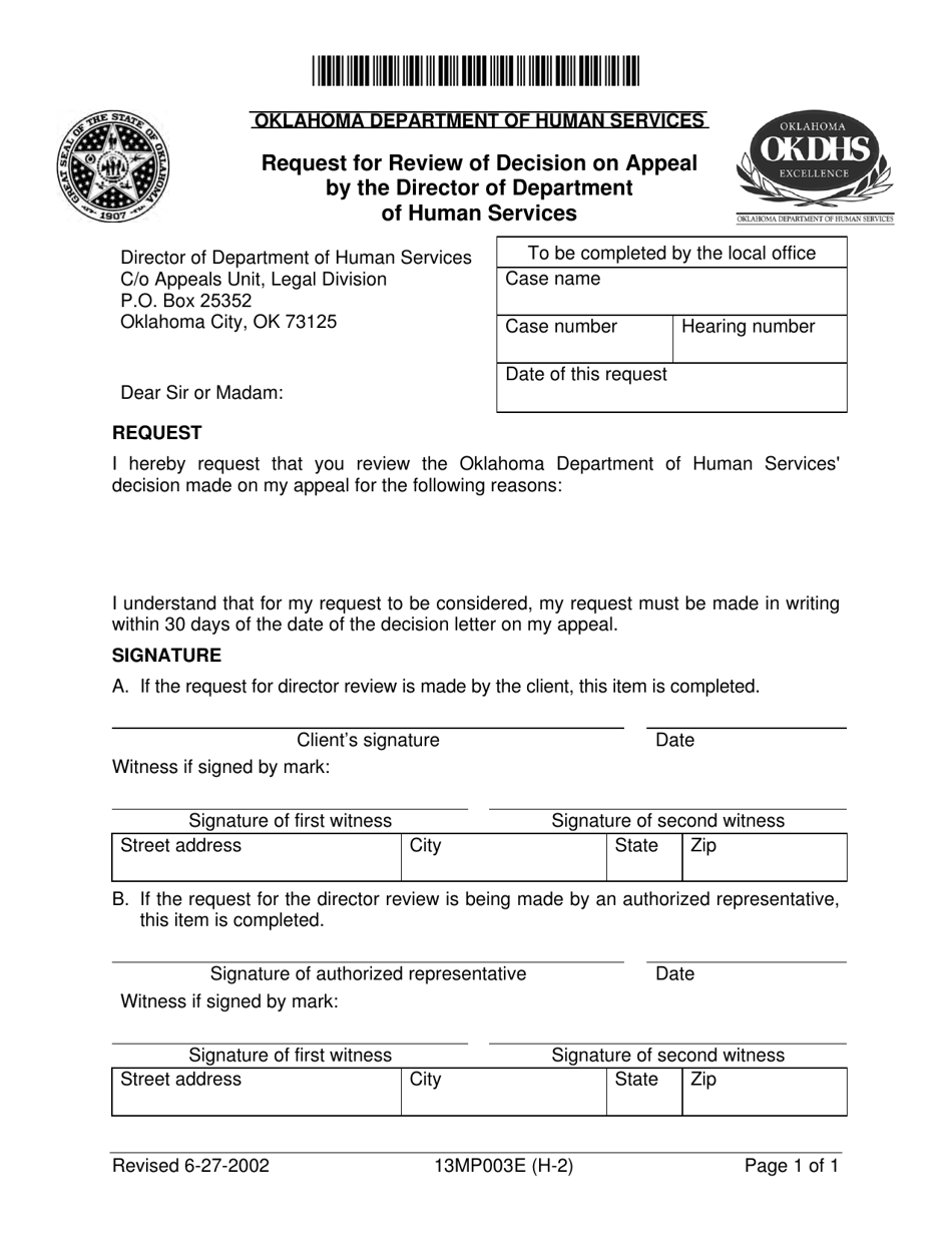 Form 13MP003E (H-2) Request for Review of Decision on Appeal by the Director of Department of Human Services - Oklahoma, Page 1