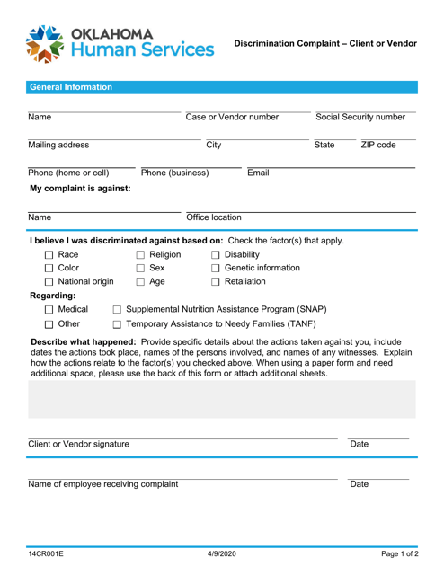 Form 14CR001E (OCR-1) Discrimination Complaint - Client or Vendor - Oklahoma