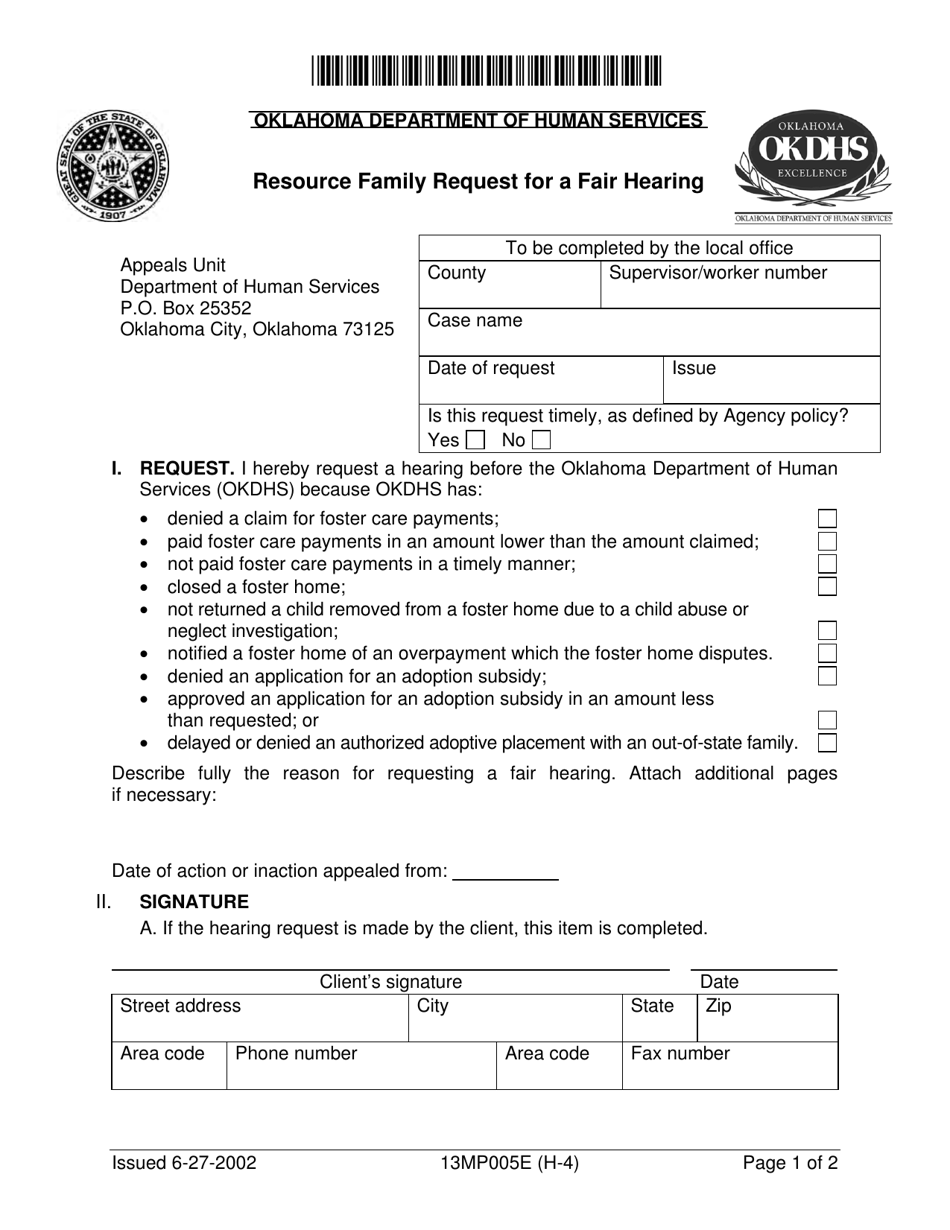 Form 13MP005E (H-4) Resource Family Request for a Fair Hearing - Oklahoma, Page 1
