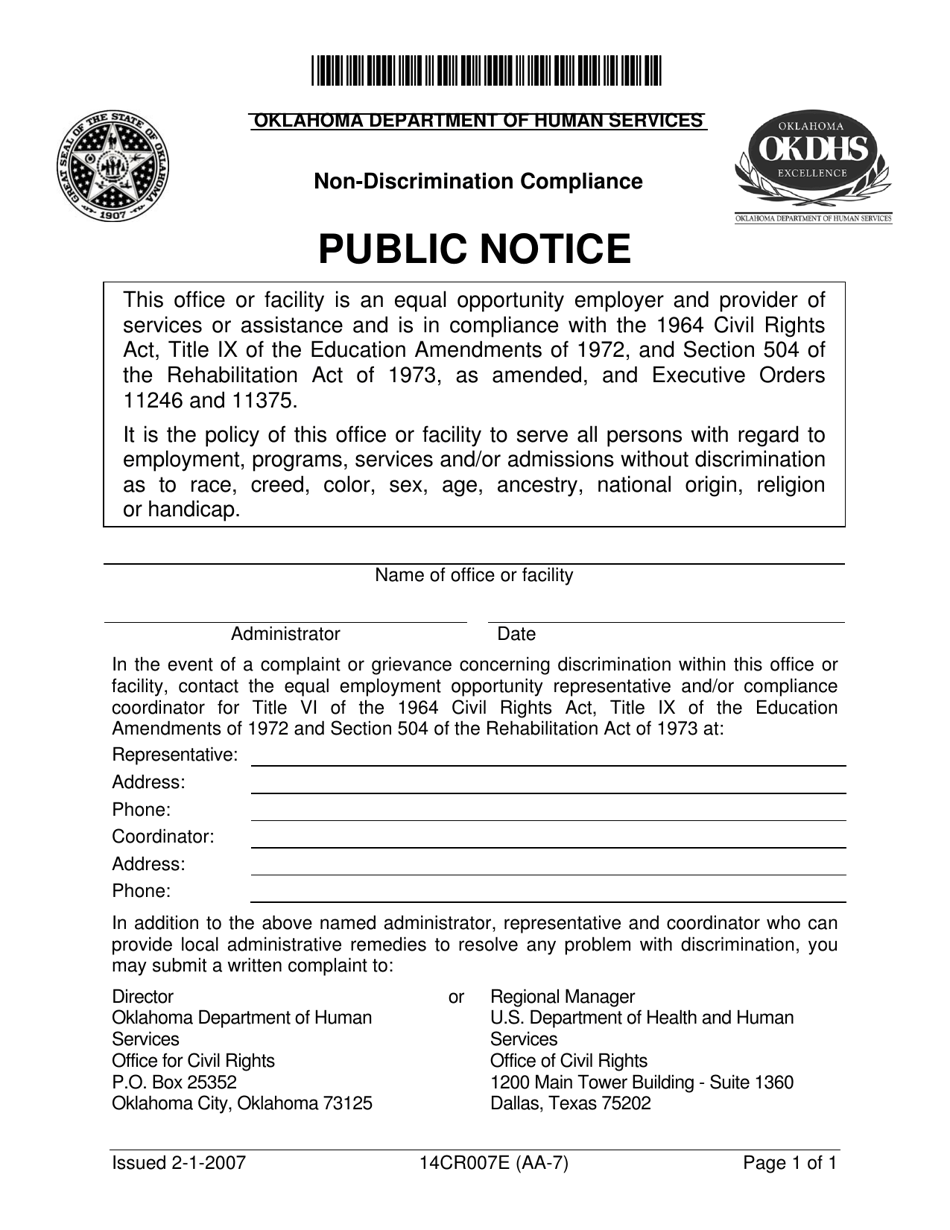 Form 14CR007E (AA-7) Non-discrimination Compliance - Oklahoma, Page 1