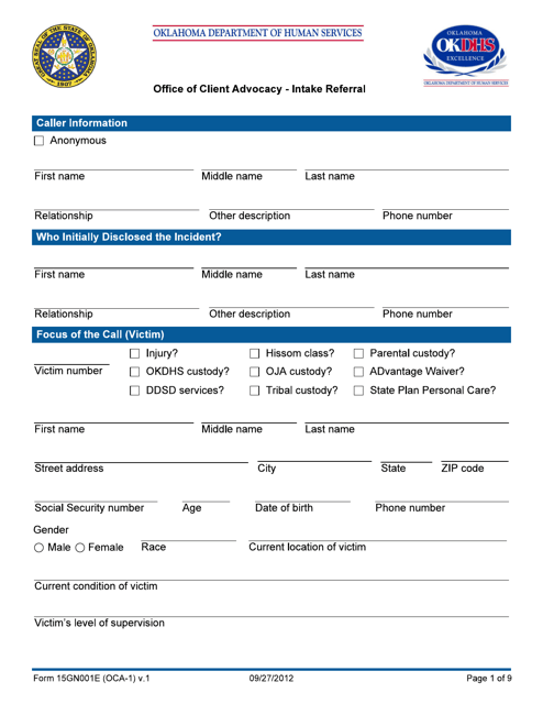 Form 15GN001E (OCA-1) Intake Referral - Office of Client Advocacy - Oklahoma