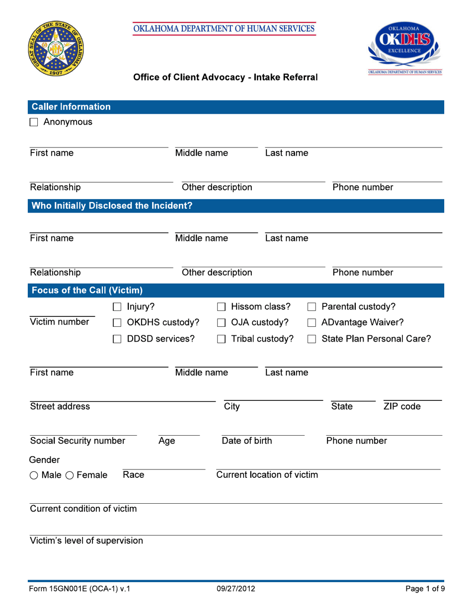Form 15GN001E (OCA-1) Intake Referral - Office of Client Advocacy - Oklahoma, Page 1