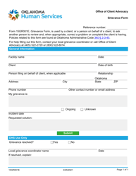 Document preview: Form 15GR001E (OCA-GR-1) Grievance Form - Office of Client Advocacy - Oklahoma