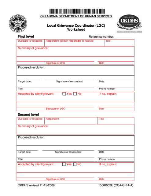 Form 15GR002E (OCA-GR-1-A) Local Grievance Coordinator (Lgc) Worksheet - Oklahoma