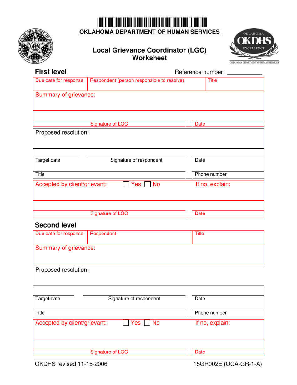 Form 15GR002E (OCA-GR-1-A) Local Grievance Coordinator (Lgc) Worksheet - Oklahoma, Page 1