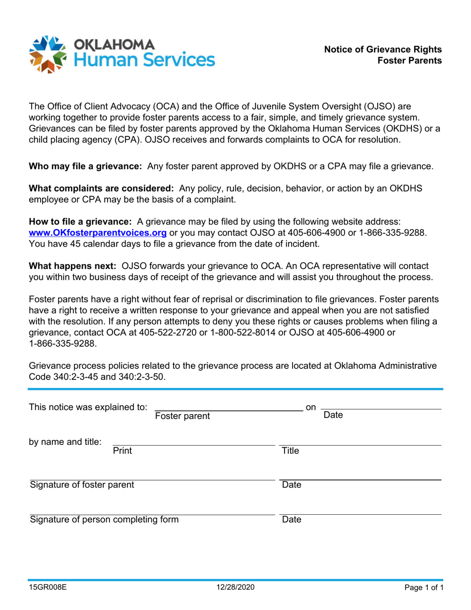 Form 15GR008E Notice of Grievance Rights - Foster Parents - Oklahoma, Page 1