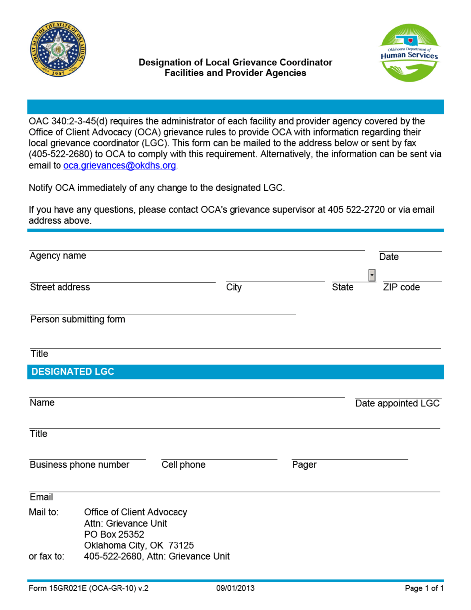 Form 15GR021E (OCA-GR-10) Designation of Local Grievance Coordinator Facilities and Provider Agencies - Oklahoma, Page 1