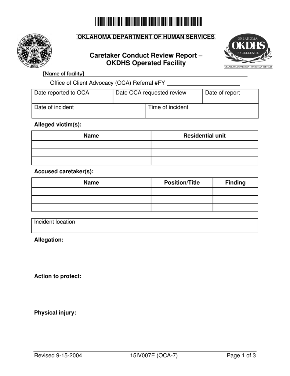 Form 15IV007E (OCA-7) Caretaker Conduct Review Report - Okdhs Operated Facility - Oklahoma, Page 1
