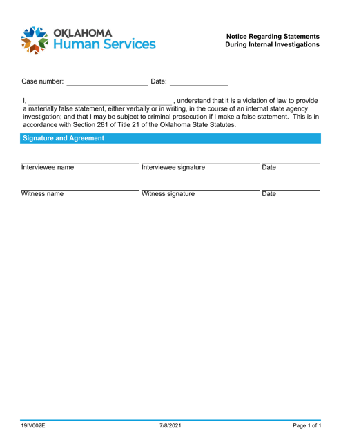 Form 19IV002E Notice Regarding Statements During Internal Investigations - Oklahoma