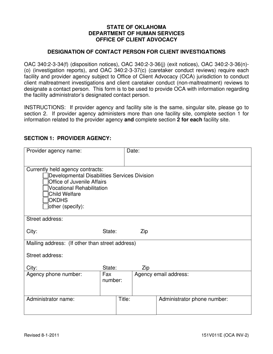 Form 15IV011E (OCA INV-2) Designation of Contact Person for Client Investigations - Oklahoma, Page 1