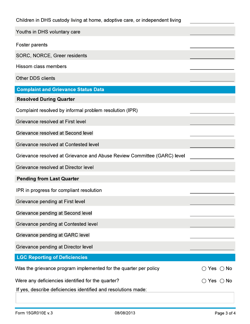 Form 15GR010E (OCA-GR-6) Quarterly Grievance Report - Oklahoma, Page 3