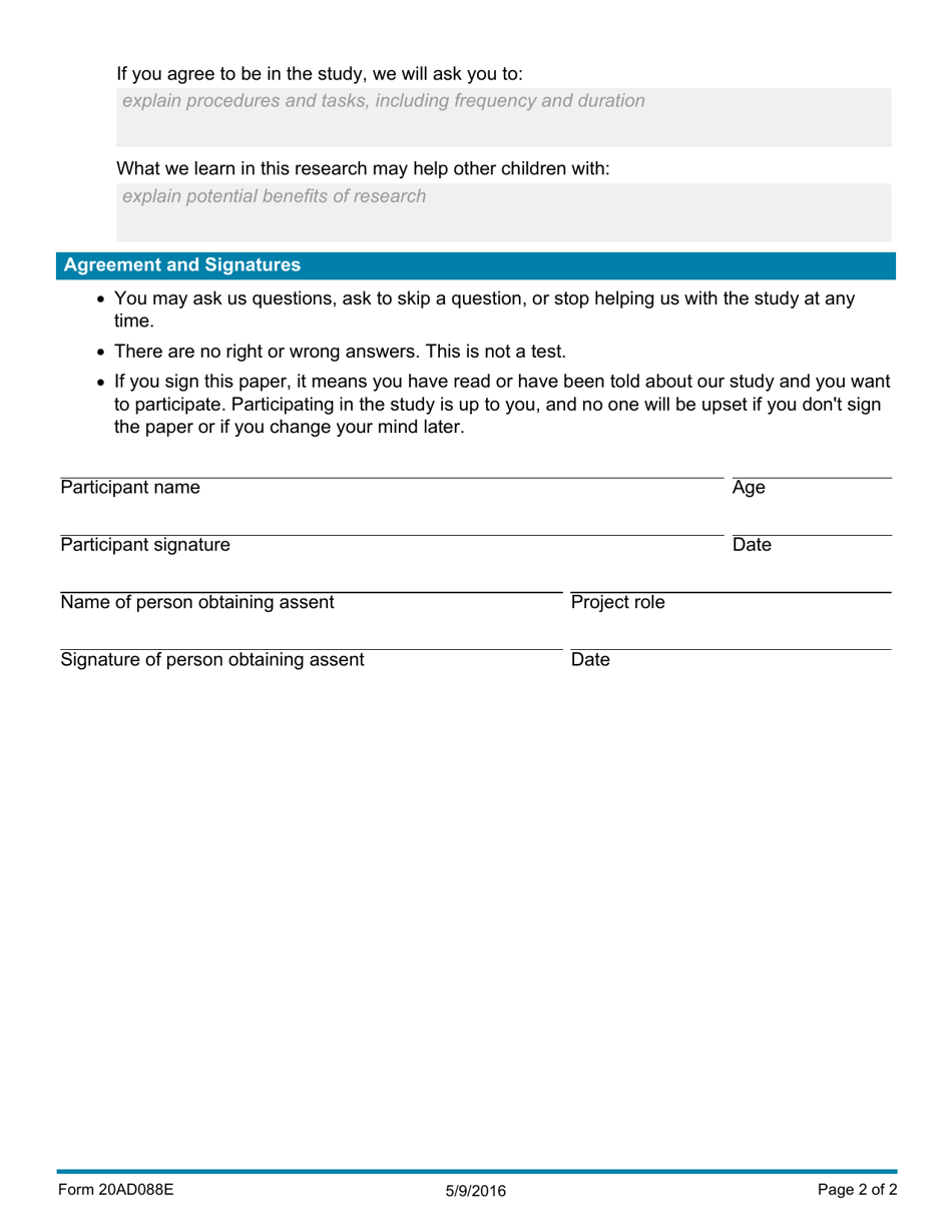 Form 20AD088E Generic Assent Form - Institutional Review Board (Dhsirb) - Oklahoma, Page 2
