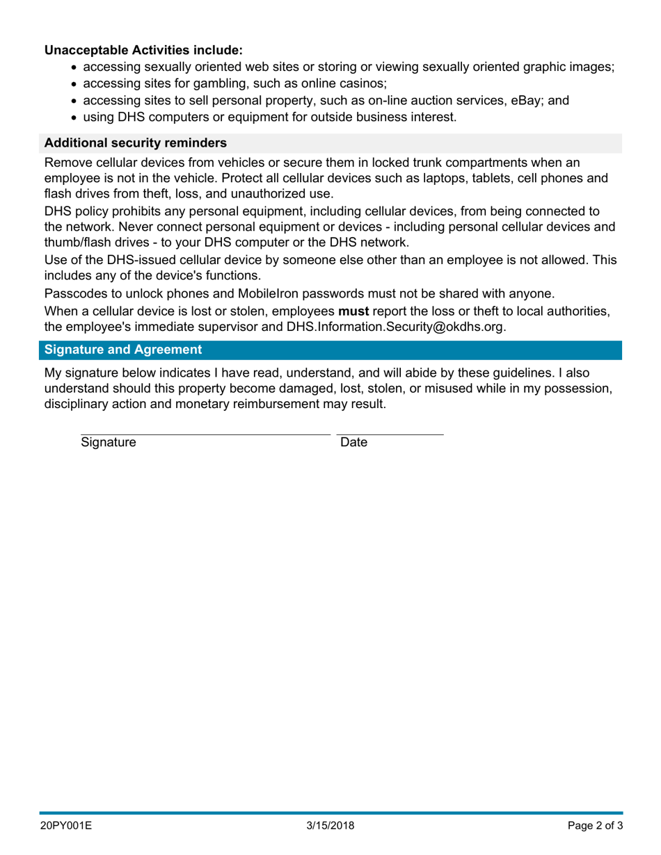 Form 20PY001E Cellular Device Usage and Accountability Agreement - Oklahoma, Page 2