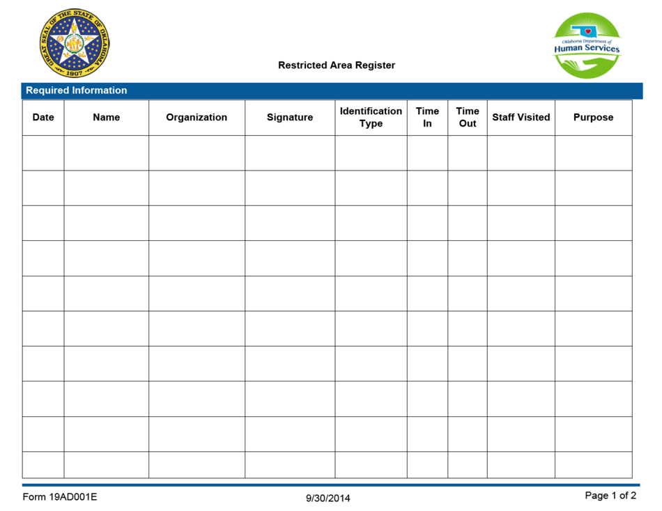 Form 19AD001E Restricted Area Register - Oklahoma, Page 1