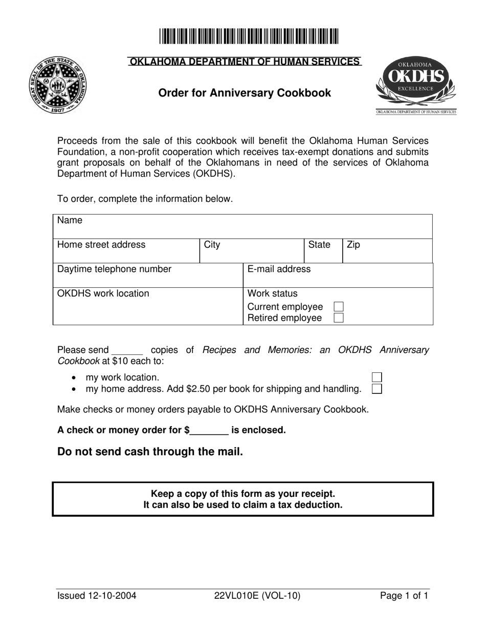 Form 22VL010E (VOL-10) Order for Anniversary Cookbook - Oklahoma, Page 1