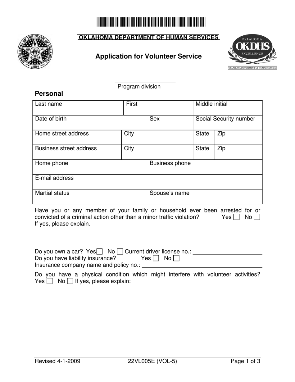 Form 22VL005E (VOL-5) Application for Volunteer Service - Oklahoma, Page 1