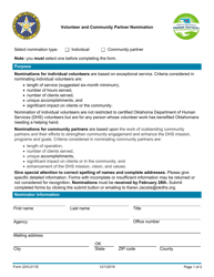 Document preview: Form 22VL011E Volunteer and Community Partner Nomination - Oklahoma