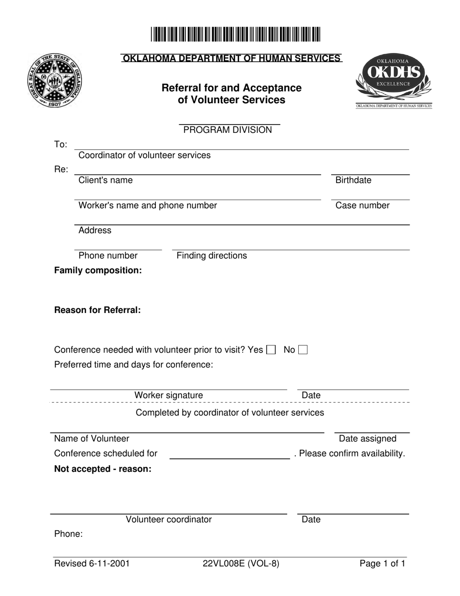 Form 22VL008E (VOL-8) Referral for and Acceptance of Volunteer Services - Oklahoma, Page 1