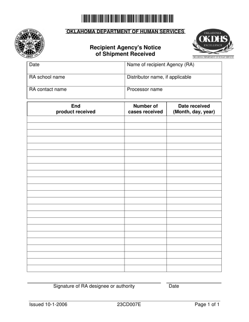 Form 23CD007E Recipient Agency's Notice of Shipment Received - Oklahoma