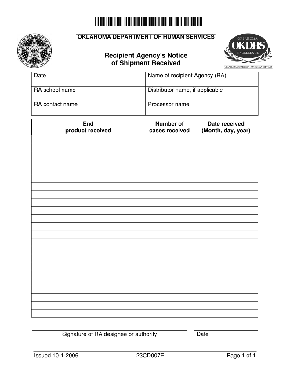 Form 23CD007E Recipient Agencys Notice of Shipment Received - Oklahoma, Page 1