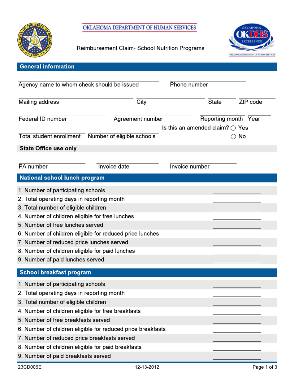 Form 23CD006E (CDU-SNP-1) Reimbursement Claim - School Nutrition Programs - Oklahoma, Page 1