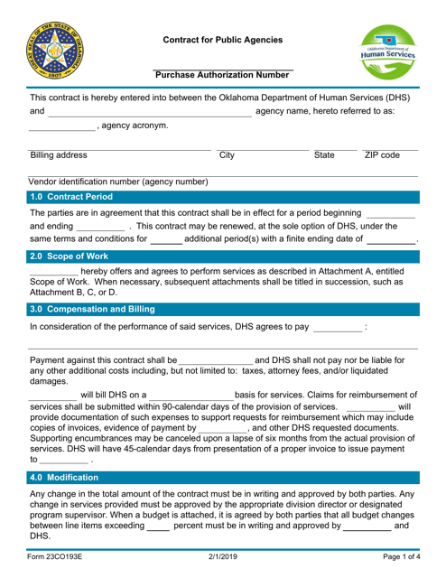 Form 23CO193E Contract for Public Agencies - Oklahoma