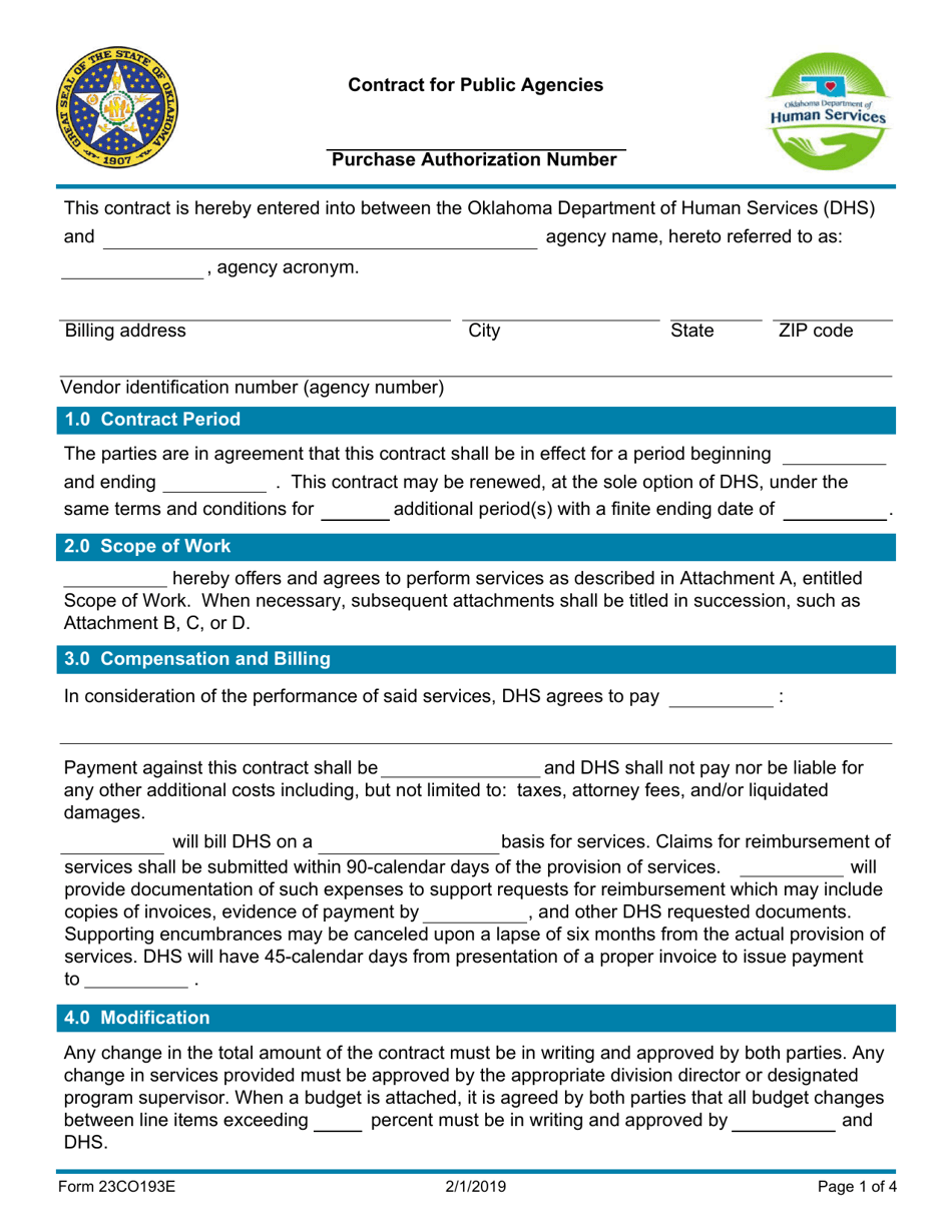 Form 23CO193E Contract for Public Agencies - Oklahoma, Page 1