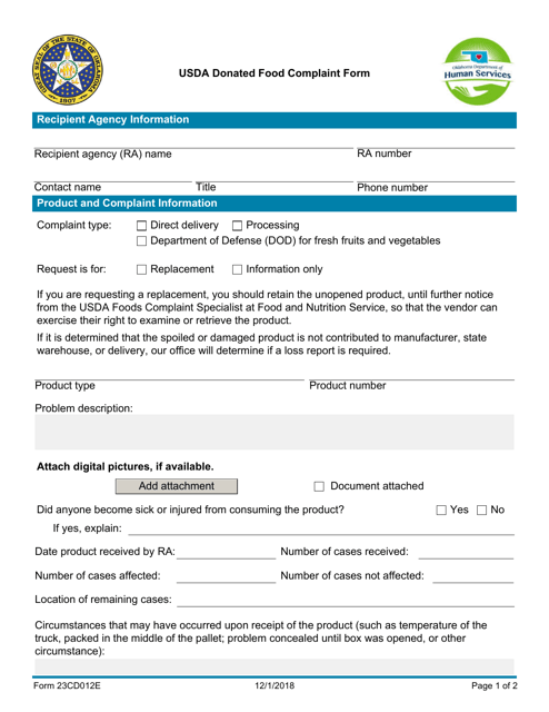 Form 23CD012E Usda Donated Food Complaint Form - Oklahoma