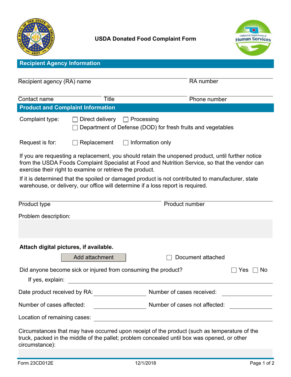 Form 23CD012E Usda Donated Food Complaint Form - Oklahoma, Page 1