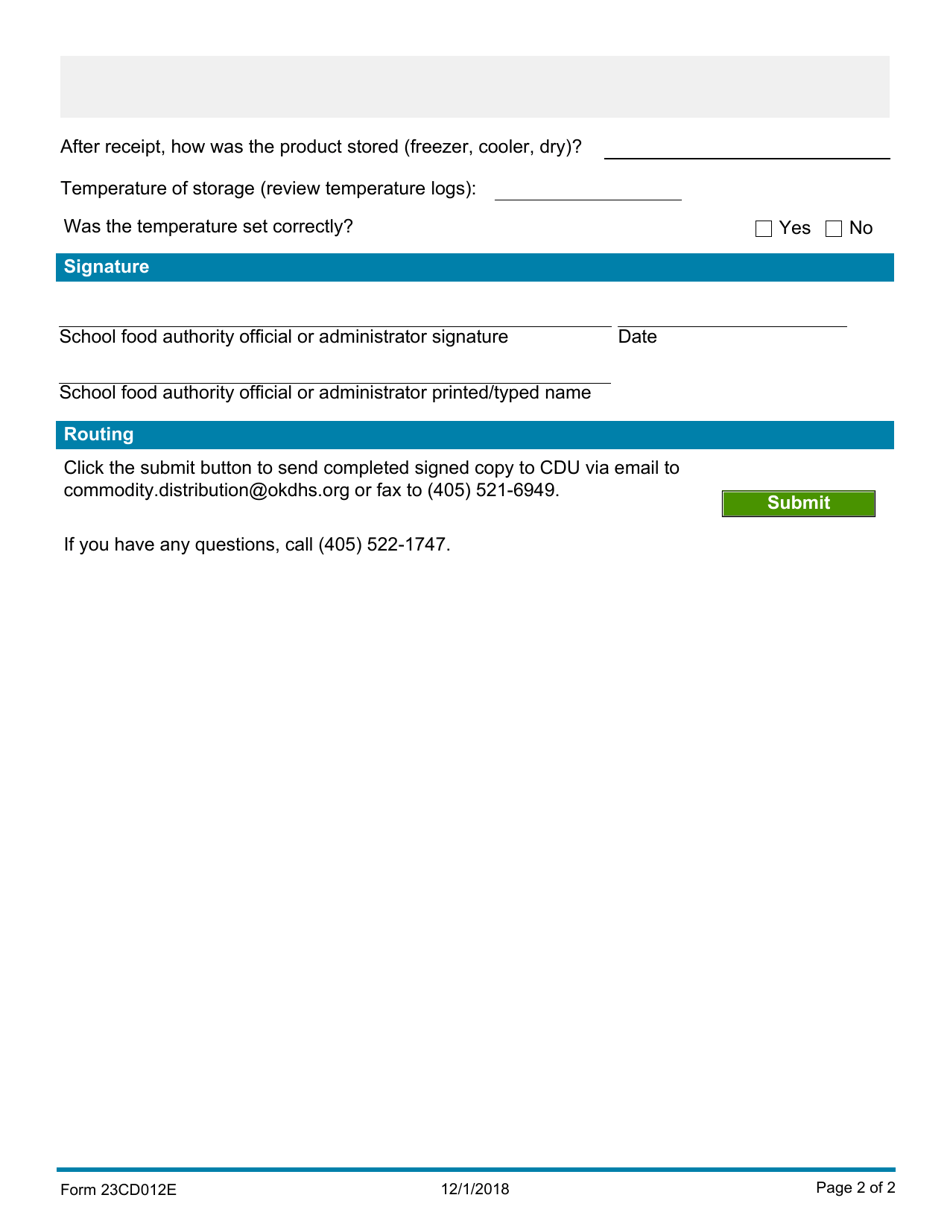 Form 23CD012E Usda Donated Food Complaint Form - Oklahoma, Page 2